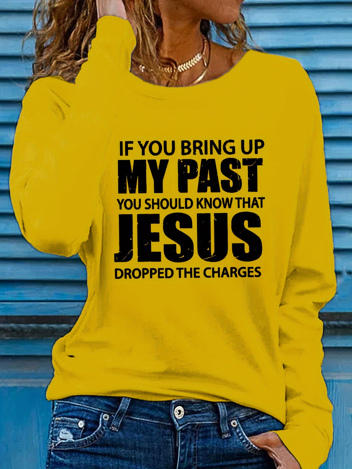 Vibrant Jesus Letter Print Long Sleeve Crew Neck T-Shirt - Soft, Breathable, Casual Top for Spring and Fall - Women's Relaxed Fit Clothing for Everyday Wear