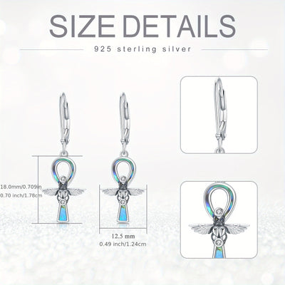 Ankh Earrings 925 Sterling Silver Scarab Beetle Leverback Dangle Drop Earrings Abalone Shell Ankh Cross Earrings Egyptian Jewelry for Women