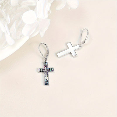YFN Cross Earrings Sterling Silver Abalone Shell Cross Earrings Dangle Drop Earrings Jewelry Gifts For Women