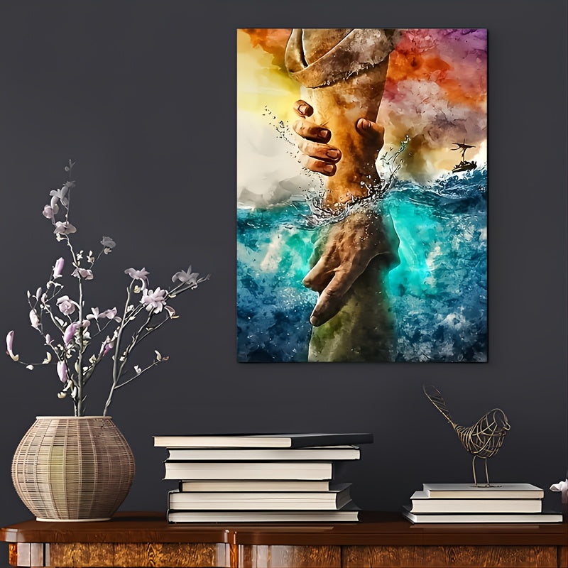 Hand of God Canvas Wall Art - Jesus Give Me Your Hand, Wooden Framed Christian Decor for Home & Office, 11.8x15.7 inches, Perfect for Room Decor