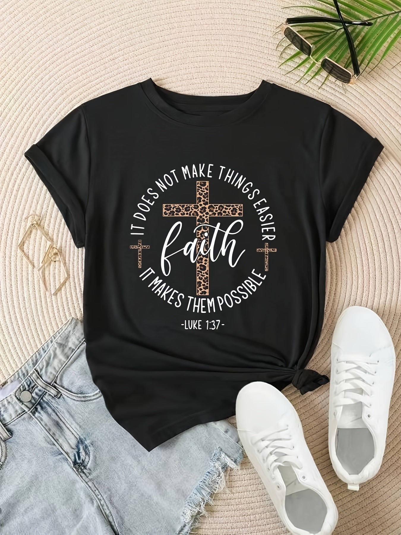 Cross & Faith Letter Print T-shirt, Casual Short Sleeve Top For Spring & Summer, Women's Clothing