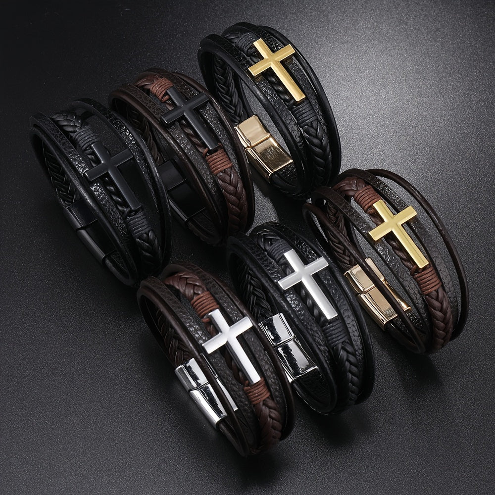 [1pc Magnetic PU Leather Bracelet] 1pc Fashion Magnetic Buckle Woven PU Leather Bracelet, Cross Simple Bracelet Men's Versatile Bracelet, Father's Day Gift