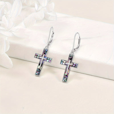 YFN Cross Earrings Sterling Silver Abalone Shell Cross Earrings Dangle Drop Earrings Jewelry Gifts For Women
