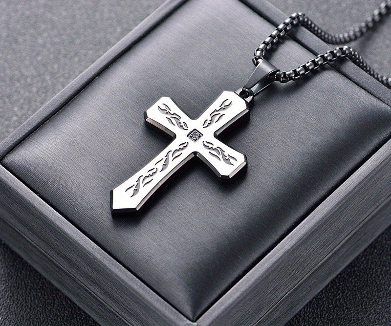 New Boho Style Stainless Steel Cross Pendant Necklace with Corroded Flame Design - Alpaca Brand