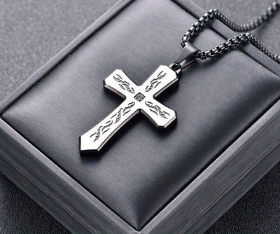 New Boho Style Stainless Steel Cross Pendant Necklace with Corroded Flame Design - Alpaca Brand