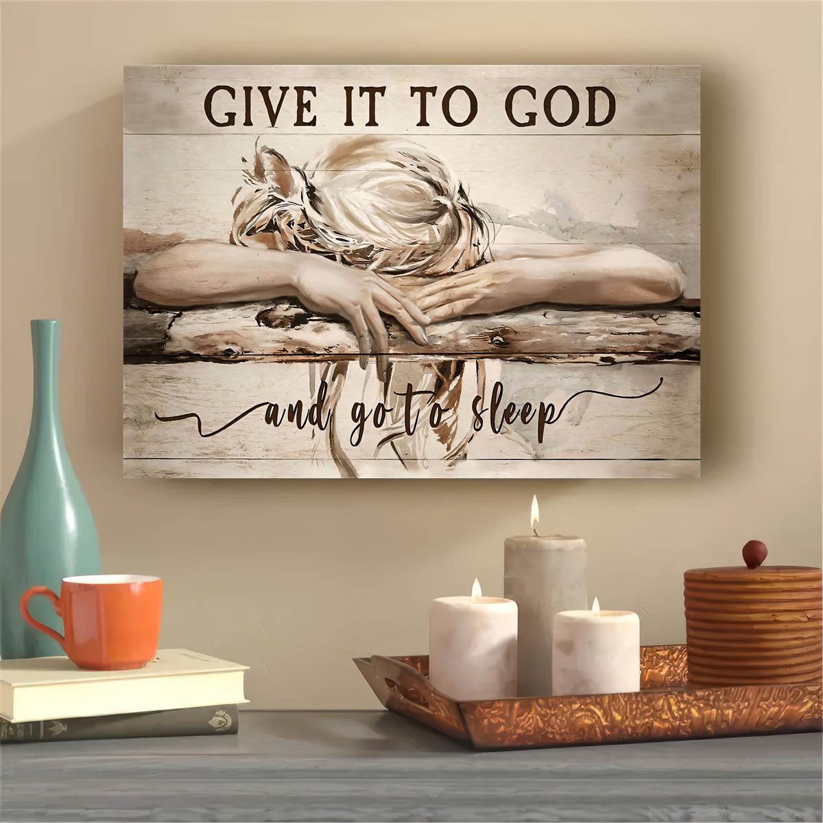 1pc Sleeping Girl Give It To God And Go To Sleep Jesus Landscape Canvas Prints - Christian Wall Art - Home Decor - No Frame - For Religious Home Decor - Perfect Gift for Christian Friends & Family