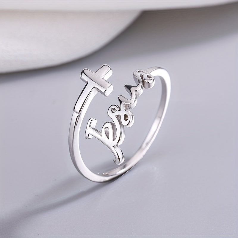 Unique 925 Silver Cross English Letter Opening Adjustable Jewelry Ring For Women Actual Without Box