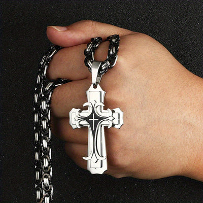 Men's Vintage Flat Handmade Necklace With Multilayer Golden Black Stainless Steel Cross Pendant Necklace Jewelry