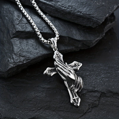 Personalized Stainless Steel Praying Hand Necklace with Cross Charm - Stylish Daily Accessory for Faithful Individuals