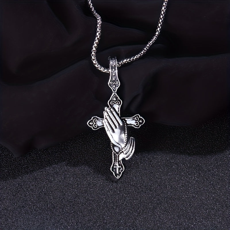 Personalized Stainless Steel Praying Hand Necklace with Cross Charm - Stylish Daily Accessory for Faithful Individuals