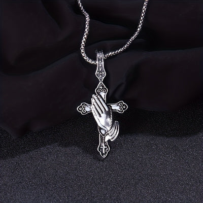 Personalized Stainless Steel Praying Hand Necklace with Cross Charm - Stylish Daily Accessory for Faithful Individuals