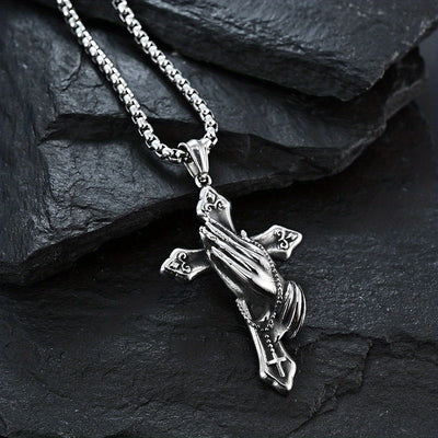 Personalized Stainless Steel Praying Hand Necklace with Cross Charm - Stylish Daily Accessory for Faithful Individuals