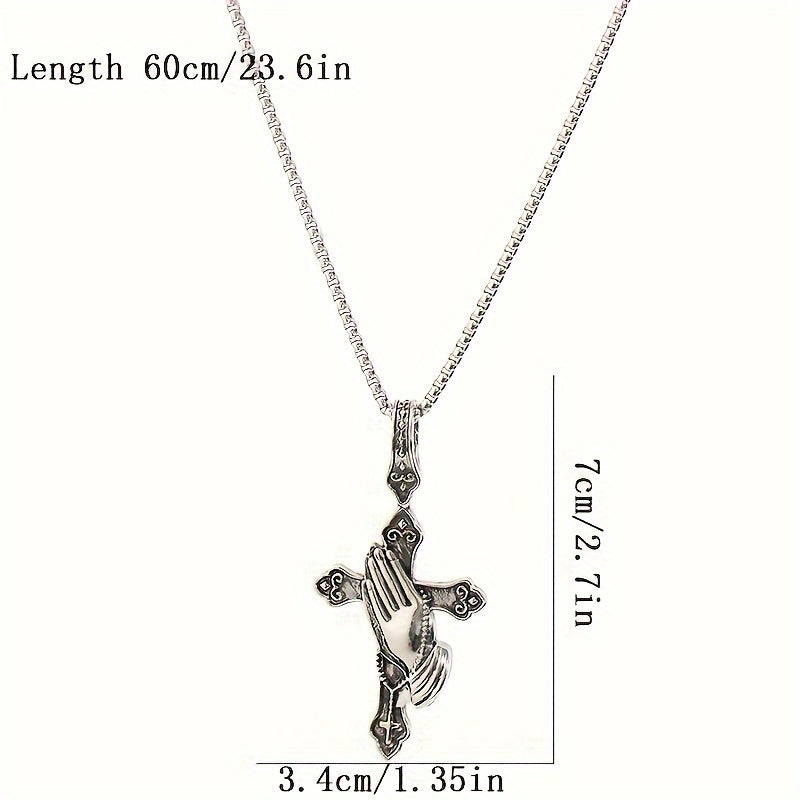 Personalized Stainless Steel Praying Hand Necklace with Cross Charm - Stylish Daily Accessory for Faithful Individuals