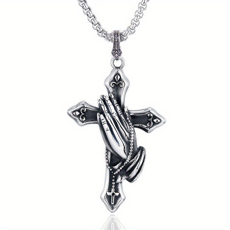 Personalized Stainless Steel Praying Hand Necklace with Cross Charm - Stylish Daily Accessory for Faithful Individuals
