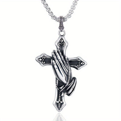Personalized Stainless Steel Praying Hand Necklace with Cross Charm - Stylish Daily Accessory for Faithful Individuals