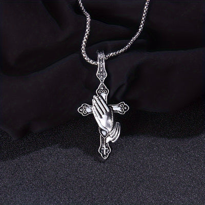 Personalized Stainless Steel Praying Hand Necklace with Cross Charm - Stylish Daily Accessory for Faithful Individuals