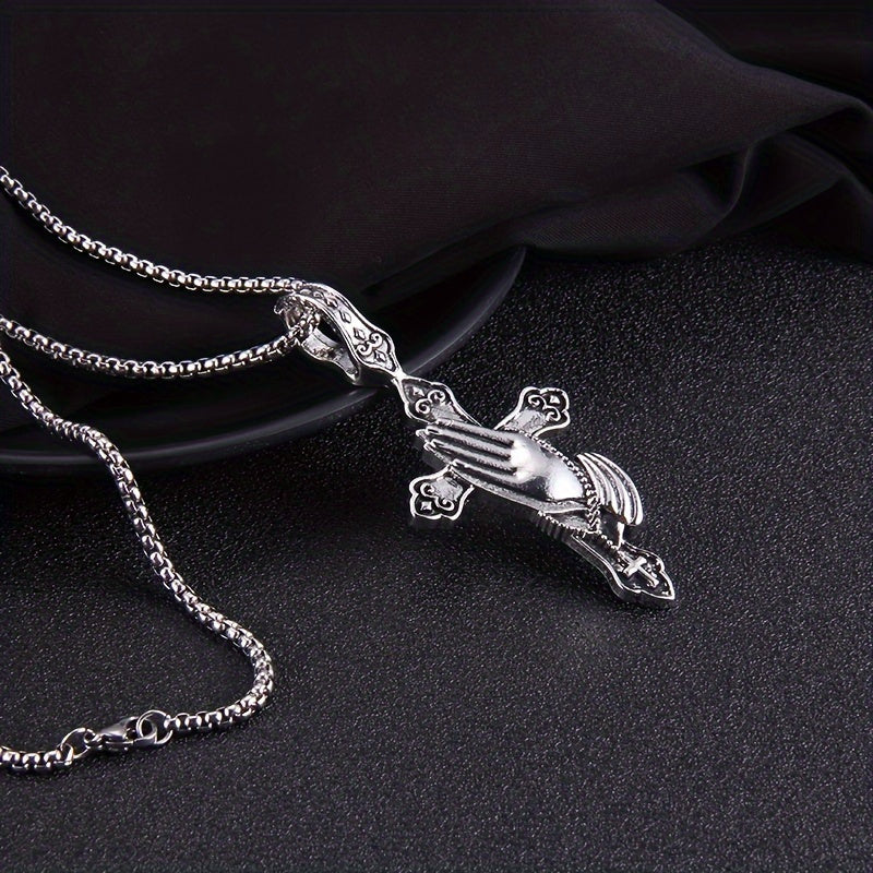 Personalized Stainless Steel Praying Hand Necklace with Cross Charm - Stylish Daily Accessory for Faithful Individuals