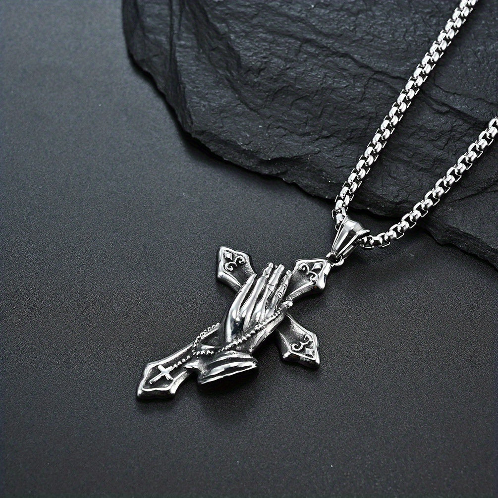 Personalized Stainless Steel Praying Hand Necklace with Cross Charm - Stylish Daily Accessory for Faithful Individuals