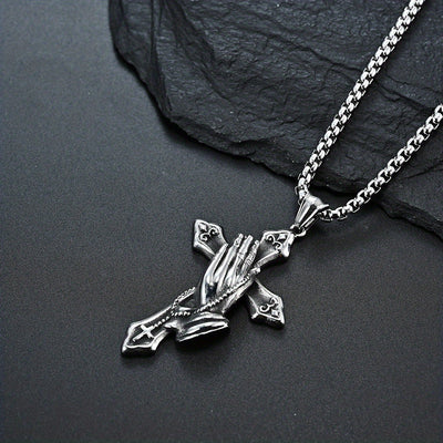 Personalized Stainless Steel Praying Hand Necklace with Cross Charm - Stylish Daily Accessory for Faithful Individuals