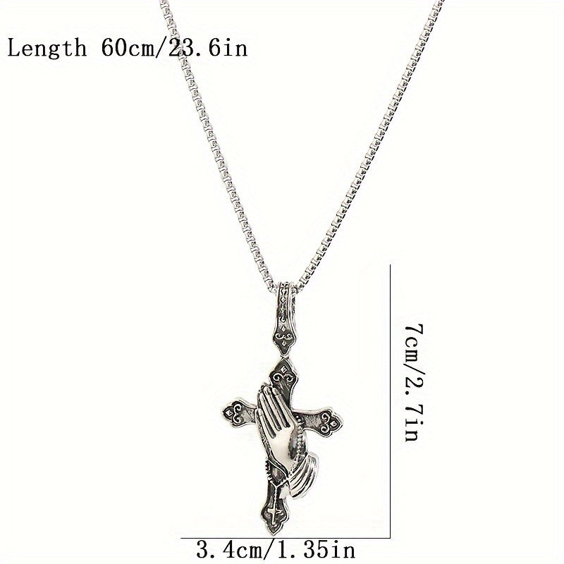Personalized Stainless Steel Praying Hand Necklace with Cross Charm - Stylish Daily Accessory for Faithful Individuals
