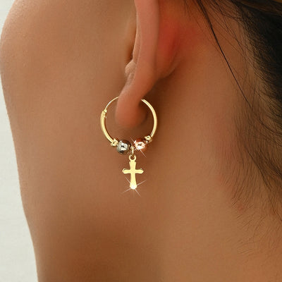 1 Pair 18K Golden Plated Bohemian Cross Earrings, Copper Material, Fashion Hoop Style, for Women, Ideal for Everyday Wear and Gift-Giving