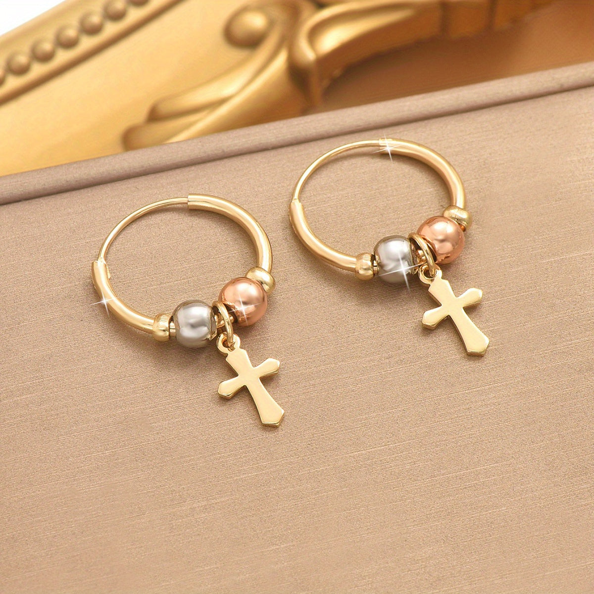 1 Pair 18K Golden Plated Bohemian Cross Earrings, Copper Material, Fashion Hoop Style, for Women, Ideal for Everyday Wear and Gift-Giving