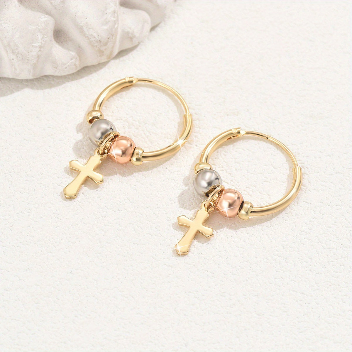 1 Pair 18K Golden Plated Bohemian Cross Earrings, Copper Material, Fashion Hoop Style, for Women, Ideal for Everyday Wear and Gift-Giving