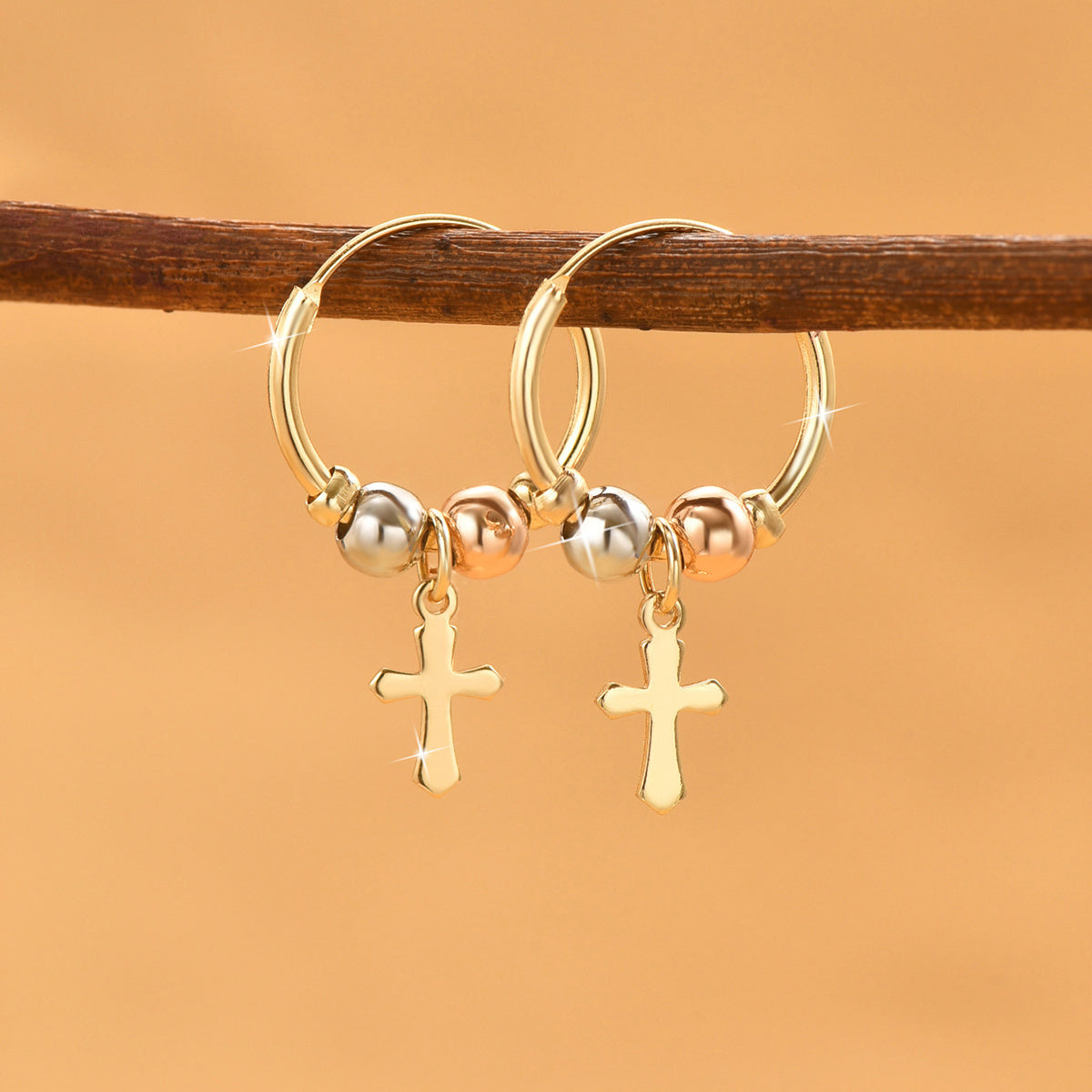 1 Pair 18K Golden Plated Bohemian Cross Earrings, Copper Material, Fashion Hoop Style, for Women, Ideal for Everyday Wear and Gift-Giving