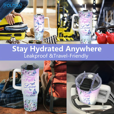 Foloda Butterfly Christian Stainless Steel Insulated Travel Coffee Tumbler for Women - 40oz Oval Mug with Handle, Lid & Straw - Handwash Only, PVC Free - Perfect for Running & Outdoor Activities - Great Christmas, Valentine's