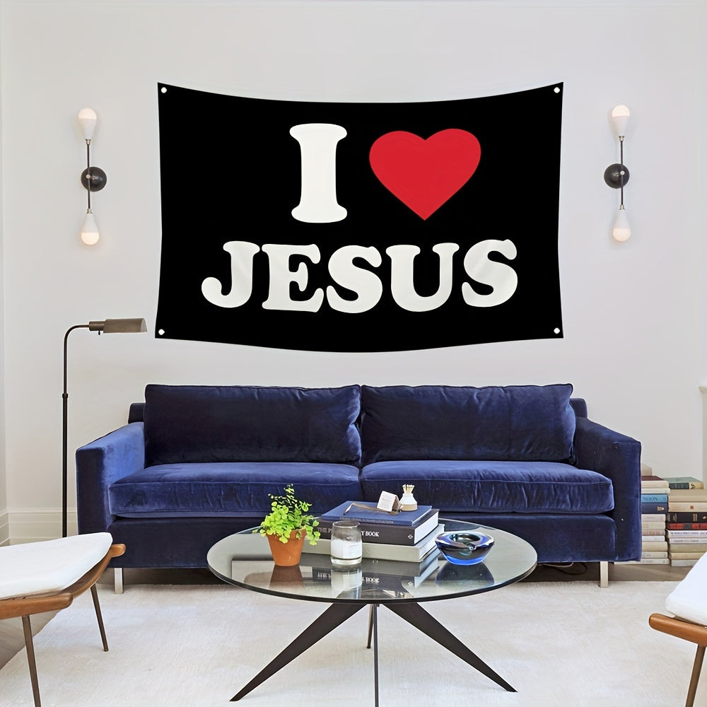 3x5ft 'I Love Jesus' Durable Polyester Flag - Bold Black with Red Heart Design, Brass Grommets for Easy Hanging - Ideal for Man Caves, University Dorms & Home Decor