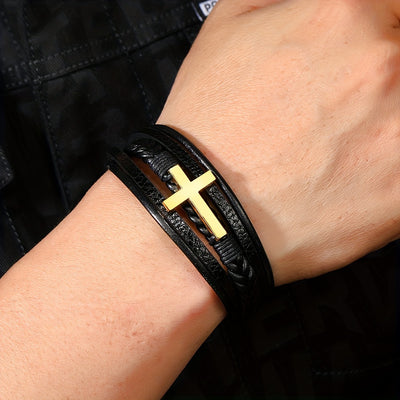 [1pc Magnetic PU Leather Bracelet] 1pc Fashion Magnetic Buckle Woven PU Leather Bracelet, Cross Simple Bracelet Men's Versatile Bracelet, Father's Day Gift