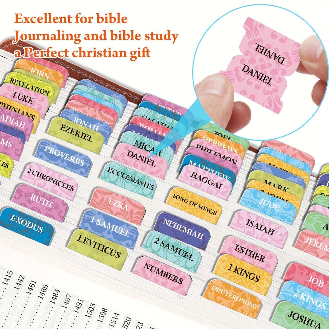 Bible Tabs Set of 75 Laminated Indexing Stickers - Large Print, Easy to Read, Self-Adhesive Bible Book Tabs for Journaling - Bible Study Accessories - Includes 73 Old & New Testament Labels Plus 2 Blank Tabs - Christian Faith