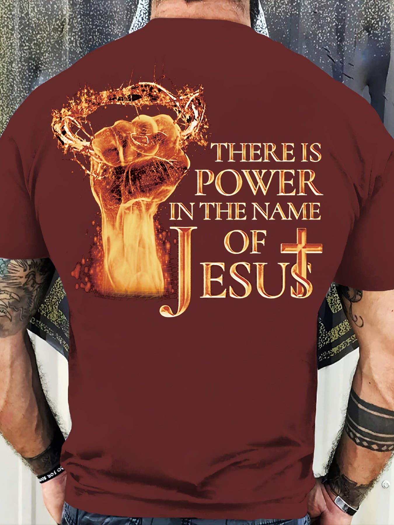 Fist & JESUS Letter Pattern, Men's Trendy Crew Neck Summer T-shirt, Gift For Christian