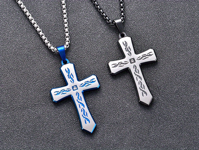 New Boho Style Stainless Steel Cross Pendant Necklace with Corroded Flame Design - Alpaca Brand