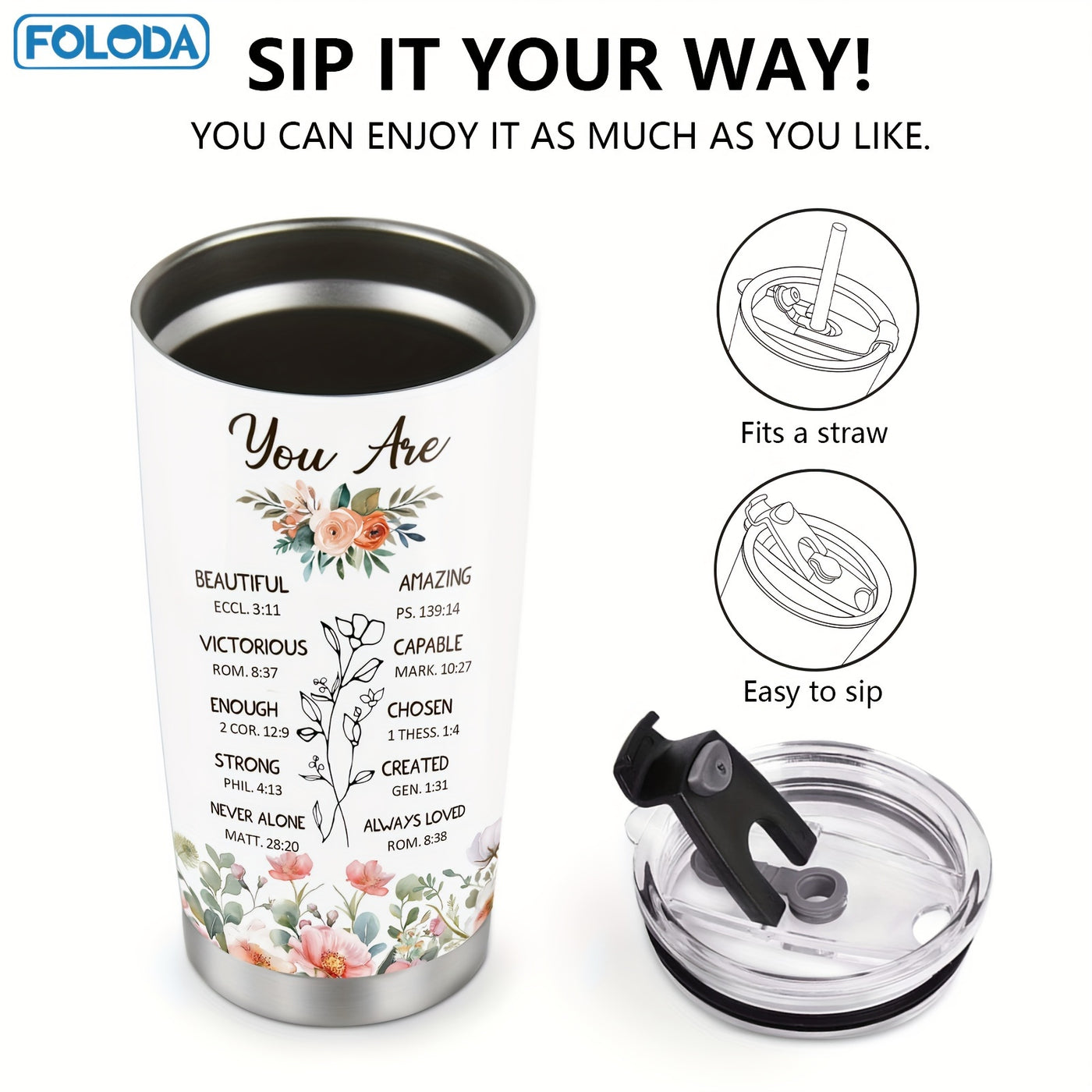 20oz Christian Insulated Travel Coffee Mug - Foloda 1pc Faith Tumbler Cup with Lid - Encouraging Inspiration Gifts for Women Christian Tumblers