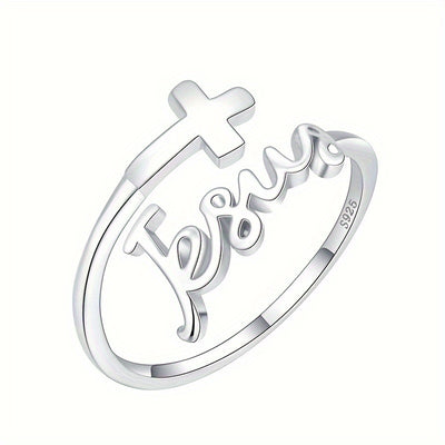 Unique 925 Silver Cross English Letter Opening Adjustable Jewelry Ring For Women Actual Without Box