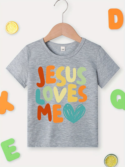 Boys Cartoon T-shirt, JESUS LOVES ME Print Kids Short Sleeve Casual Top Kids Summer Clothes