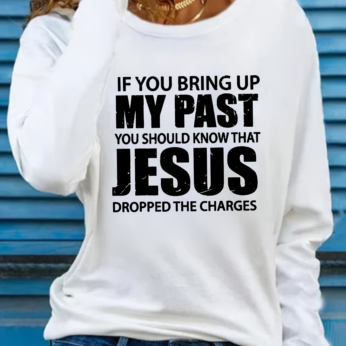 Vibrant Jesus Letter Print Long Sleeve Crew Neck T-Shirt - Soft, Breathable, Casual Top for Spring and Fall - Women's Relaxed Fit Clothing for Everyday Wear
