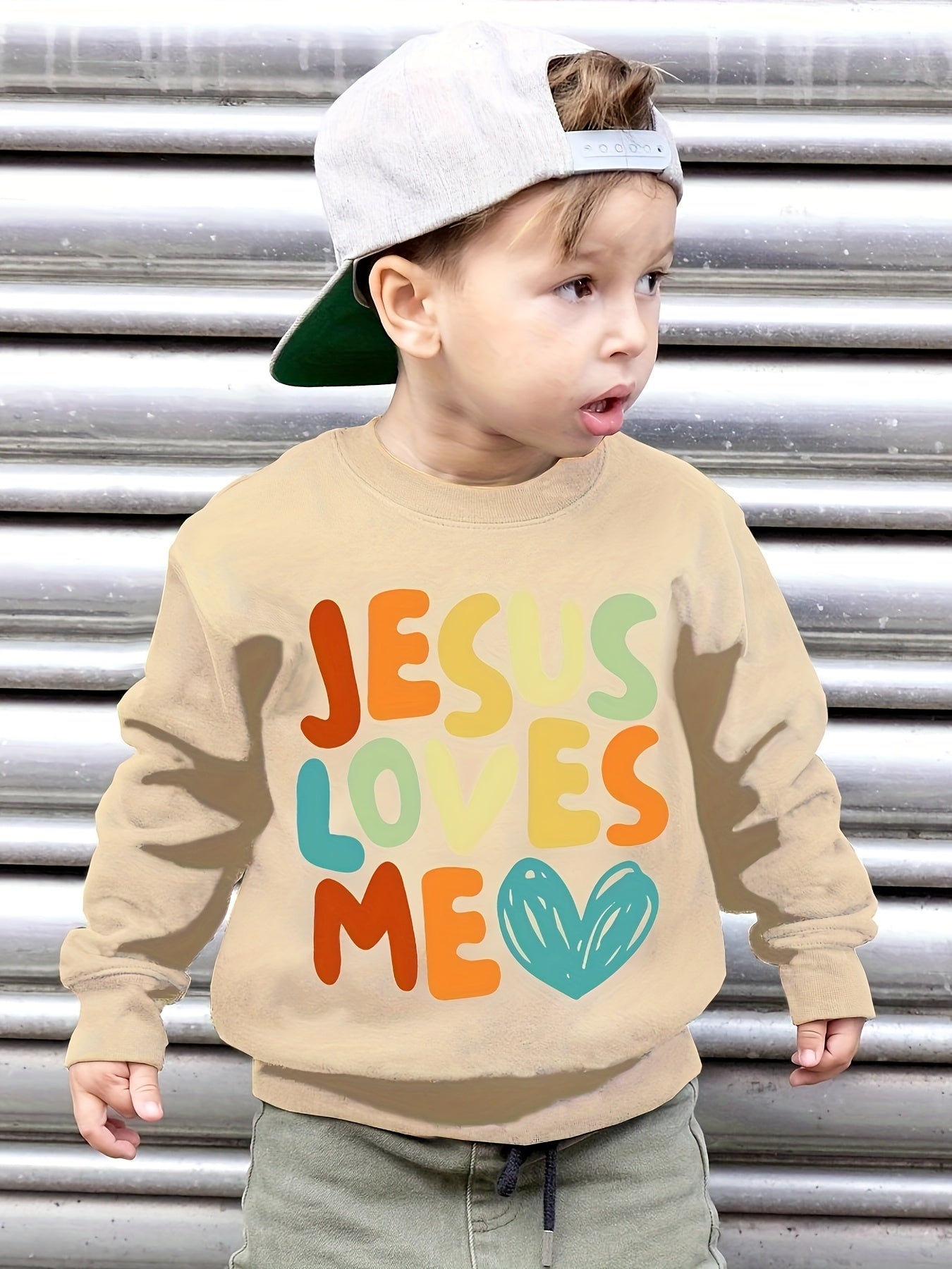 JESUS LOVES ME Print Boys Sweatshirt, Kids Casual Long Sleeve Crew neck Pullover Top For Fall Winter