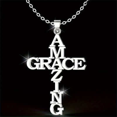 [Christian Stainless Steel Cross] Amazing Grace Cross Bracelet, Earrings, Necklace - Stainless Steel - Christian Gifts For Women & Men Faith - Religious Jewelry Gift For Christmas, Wedding, Anniversary