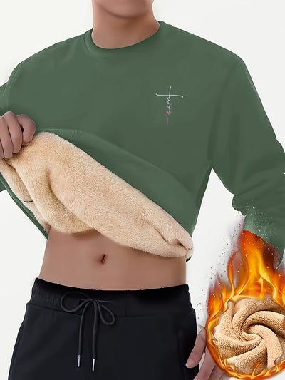 Comfy Cross Print Crew Neck Sweatshirt Pullover for Men - Soft Brushed Fleece, Relaxed Fit, Winter and Fall Essential - Perfect for Casual Daily Wear, Outdoor Activities, and Gift Ideas