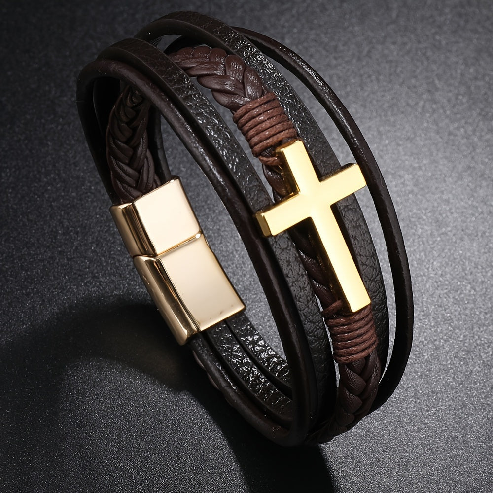 [1pc Magnetic PU Leather Bracelet] 1pc Fashion Magnetic Buckle Woven PU Leather Bracelet, Cross Simple Bracelet Men's Versatile Bracelet, Father's Day Gift