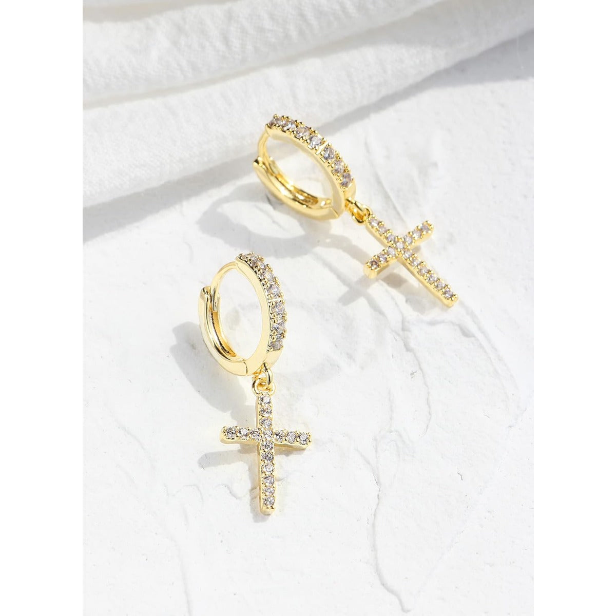 Golden Drop Dangle Cross Hoop Earrings Trendy Golden Cross Earrings for Women Small CZ Huggie Hoops Dangling Cross Earrings for Men Hypoallergenic Lightweight