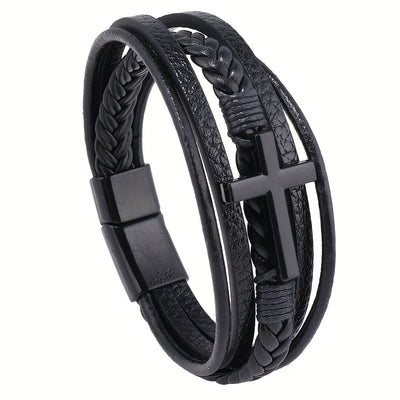 [1pc Magnetic PU Leather Bracelet] 1pc Fashion Magnetic Buckle Woven PU Leather Bracelet, Cross Simple Bracelet Men's Versatile Bracelet, Father's Day Gift
