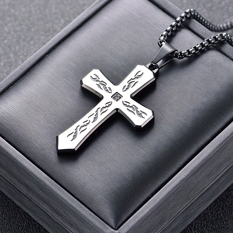 New Boho Style Stainless Steel Cross Pendant Necklace with Corroded Flame Design - Alpaca Brand