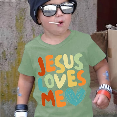Boys Cartoon T-shirt, JESUS LOVES ME Print Kids Short Sleeve Casual Top Kids Summer Clothes