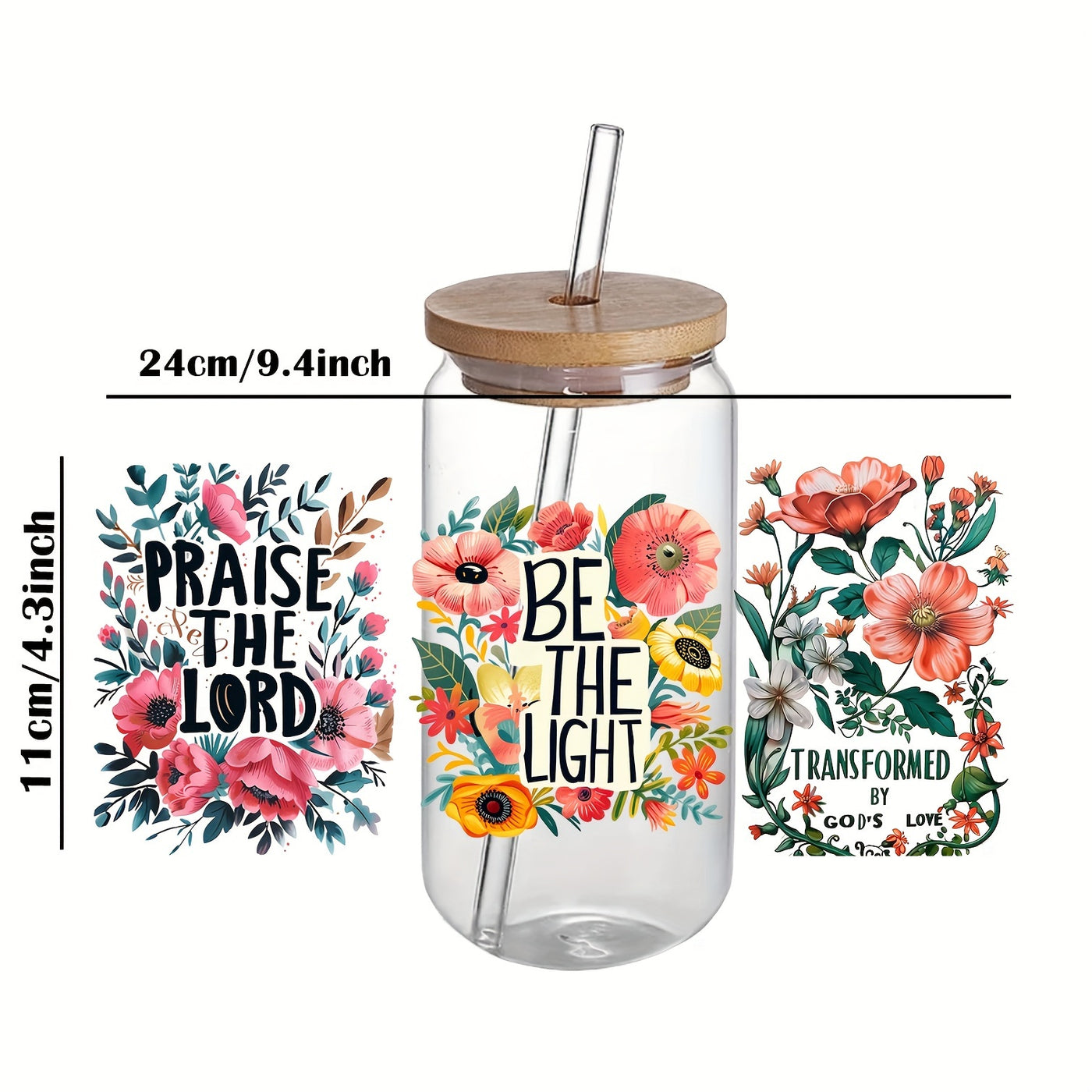 4-Pack Floral Christian UV DTF Self-Adhesive Plastic Cup Decals, Waterproof Scratch-Resistant 3D Crystal Stickers for Glass Cups and Bottles, High-Quality Decal Set (4.3in x 9.4in)