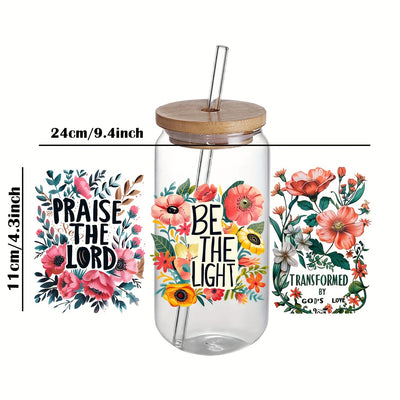 4-Pack Floral Christian UV DTF Self-Adhesive Plastic Cup Decals, Waterproof Scratch-Resistant 3D Crystal Stickers for Glass Cups and Bottles, High-Quality Decal Set (4.3in x 9.4in)