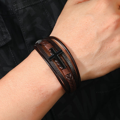 [1pc Magnetic PU Leather Bracelet] 1pc Fashion Magnetic Buckle Woven PU Leather Bracelet, Cross Simple Bracelet Men's Versatile Bracelet, Father's Day Gift