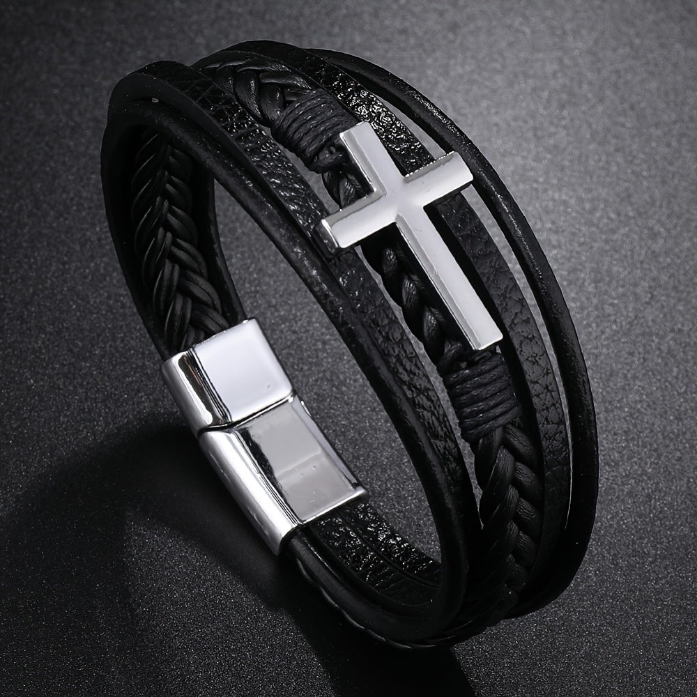 [1pc Magnetic PU Leather Bracelet] 1pc Fashion Magnetic Buckle Woven PU Leather Bracelet, Cross Simple Bracelet Men's Versatile Bracelet, Father's Day Gift